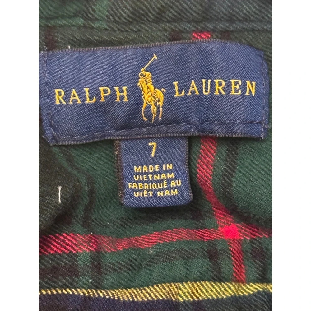Ralph Lauren Boys 7 Green Navy Plaid Flannel Button Down Shirt Preppy Heritage